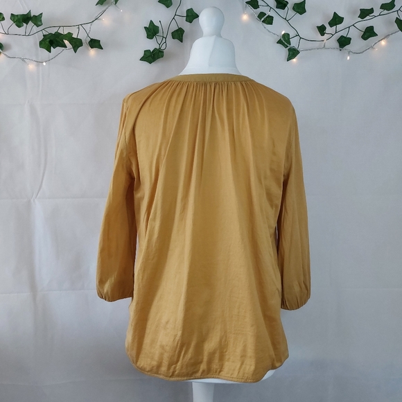 COS Mustard Yellow Side Tie Neck 3/4 Sleeve Relaxed Top Size M 100% Cotton Light - Picture 5 of 10